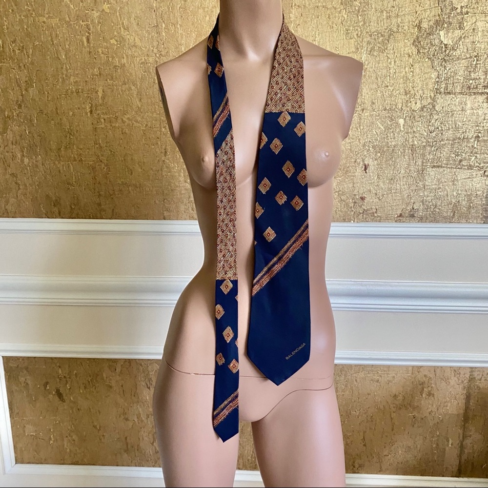 Balenciaga vintage blue/yellow print silk tie